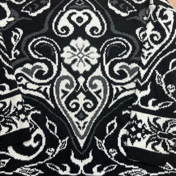 Vintage 80s Sweater Exchange Floral Mock Neck Oversized Top Black White Knit Mod - Picture 4 of 6
